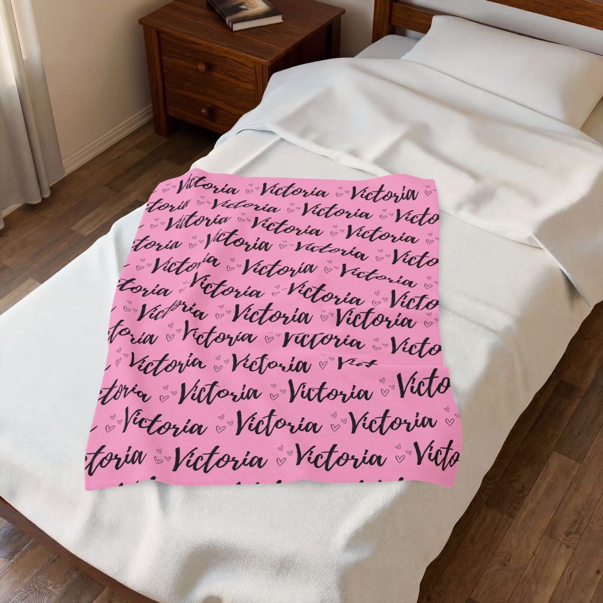 Victoria Heart Pink Personalized Name Velveteen Plush Blanket
