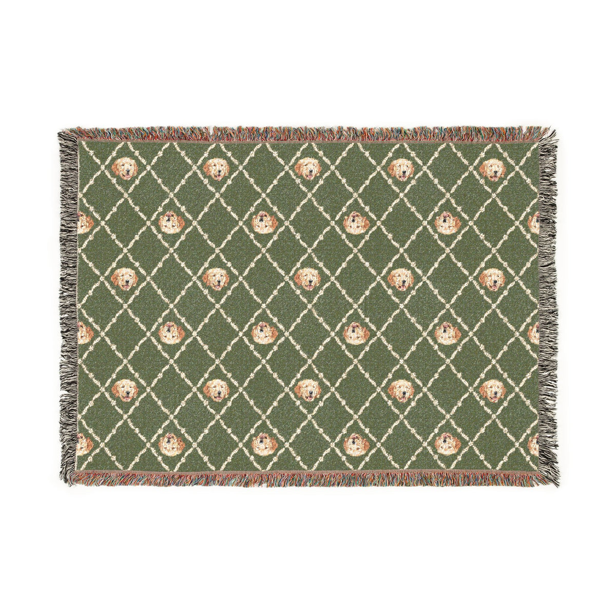 Golden Retriever Green Woven Blanket With Fringe Trim