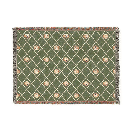 Golden Retriever Green Woven Blanket With Fringe Trim