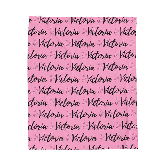 Victoria Heart Pink Personalized Name Velveteen Plush Blanket