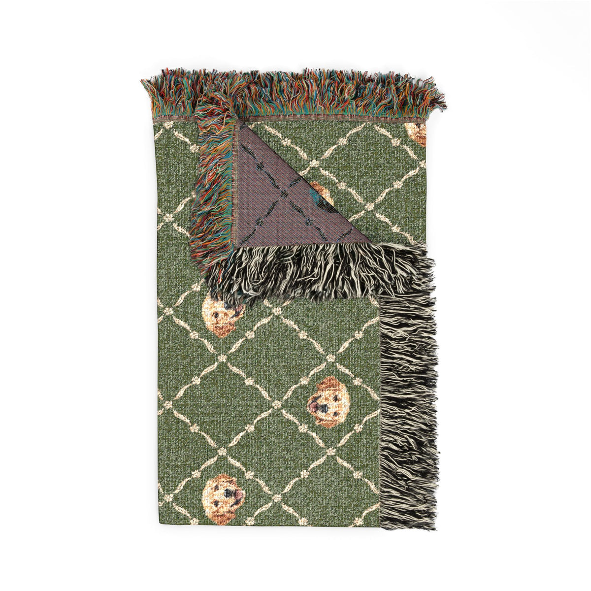 Golden Retriever Green Woven Blanket With Fringe Trim