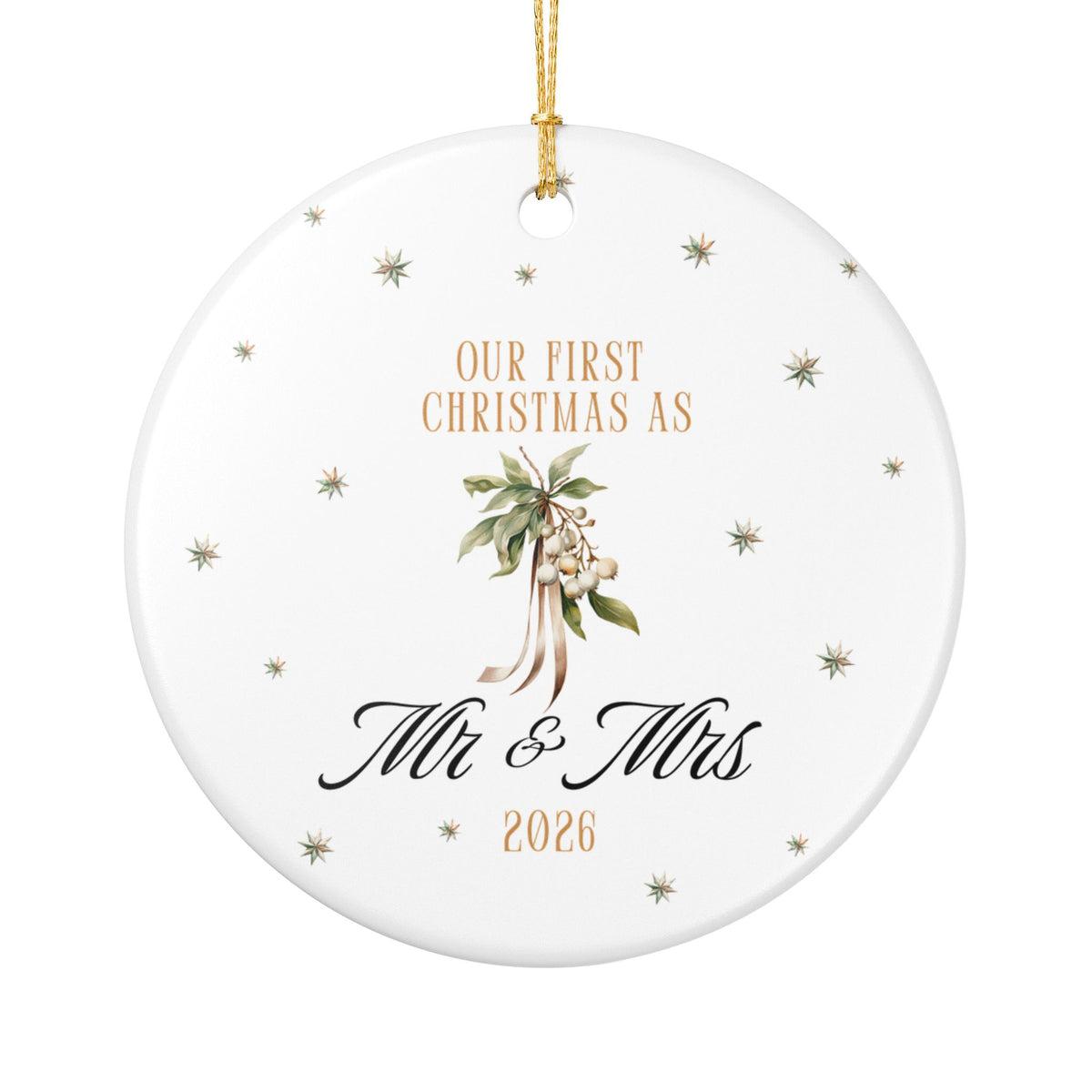 Our First Christmas As Mr & Mrs Watercolor Berry & Ribbon Ornament