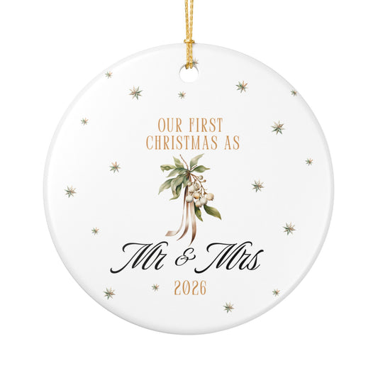 Our First Christmas As Mr & Mrs Watercolor Berry & Ribbon Ornament