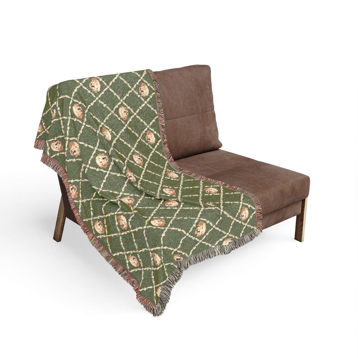 Golden Retriever Green Woven Blanket With Fringe Trim